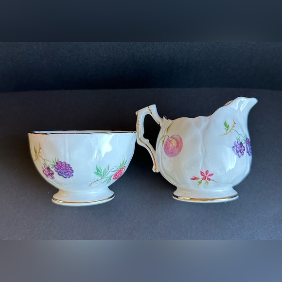 Aynsley FLORIDA Pattern Bone China Small Open Sugar & Creamer Set Fruits Flowers - Picture 5 of 11